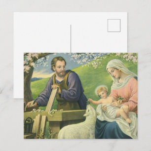 Josefs Werkstatt mit Maria und dem Baby Jesus Postkarte