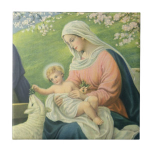 Josefswerkstatt mit Maria und Jesuskind Fliese