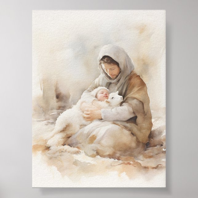 Joseph Holding Lamb und Baby Jesus Wasserfarbe Kun Poster (Vorne)