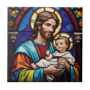 Joseph und Baby Jesus Christlich gestettetes Glas Fliese