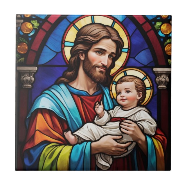 Joseph und Baby Jesus Christlich gestettetes Glas Fliese (Vorderseite)