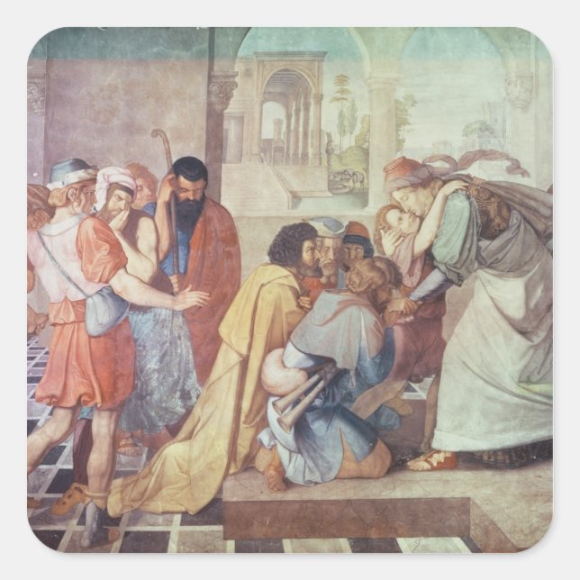 Joseph wird von seinen Brüdern anerkannt Quadratischer Aufkleber (Vorderseite)