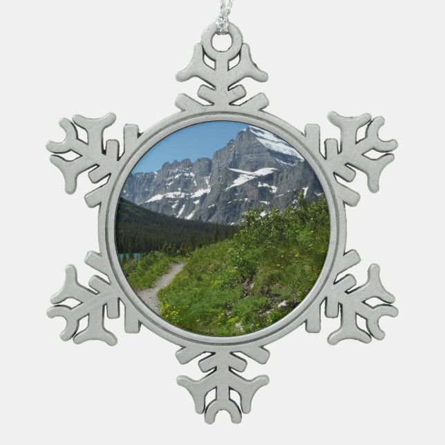 Josephine Lake Trail mit Monte Guild am Gletscher Schneeflocken Zinn-Ornament (Vorderseite)