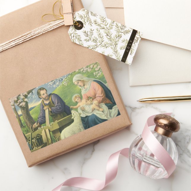 Joseph's Workshop mit Mary und Baby Jesus Rechteckiger Aufkleber (Schenken)