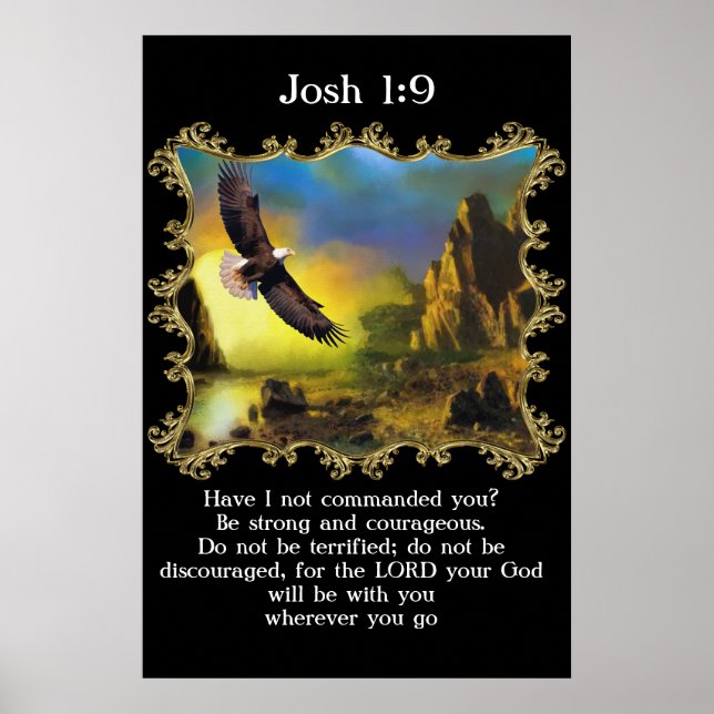 Josh 1:9 mit einem Adler, der über die Landschaft  Poster (Vorne)