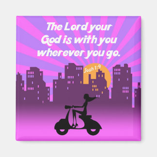 Joshua 1:9 Girl on Scooter w/Skyline - Bible Verse Magnet