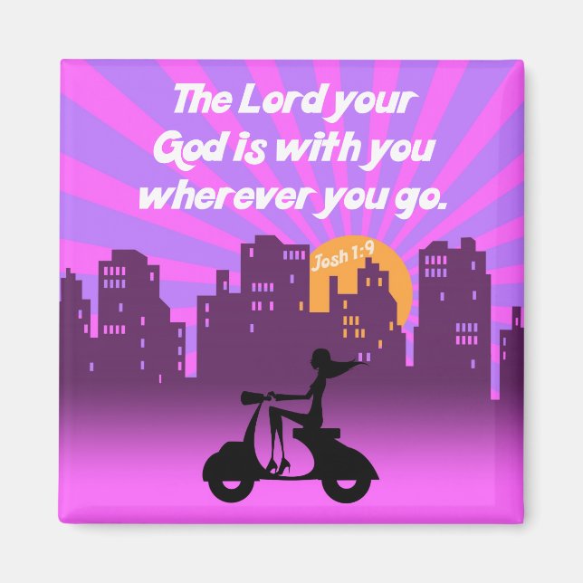 Joshua 1:9 Girl on Scooter w/Skyline - Bible Verse Magnet (Vorne)