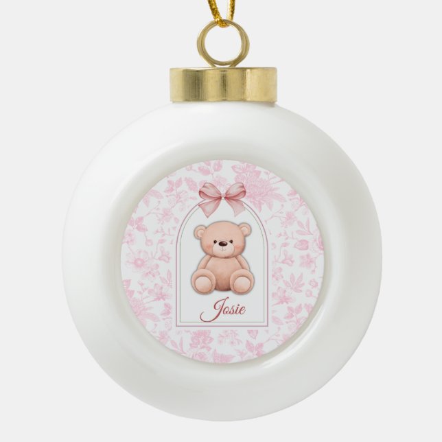 Josie | Benutzerdefiniertes rosa Teddy-Bär-Kinderz Keramik Kugel-Ornament (Vorderseite)