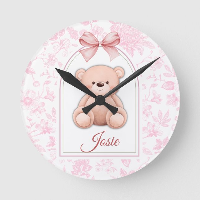 Josie | Benutzerdefiniertes rosa Teddy-Bär-Kinderz Runde Wanduhr (Vorderseite)
