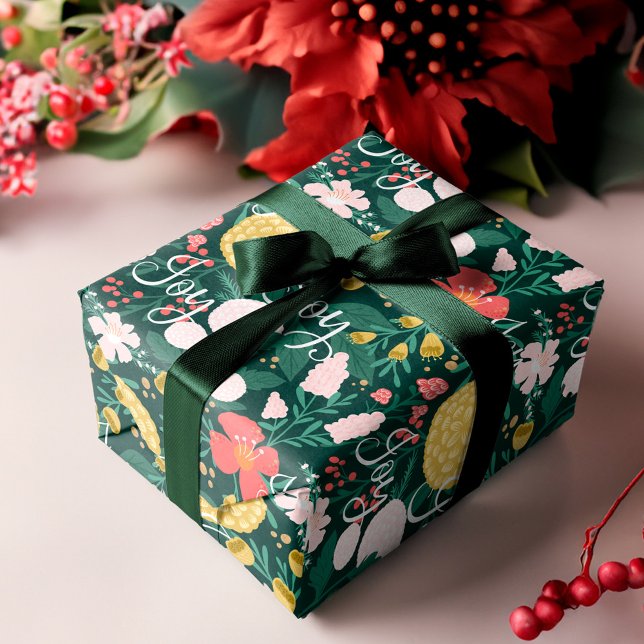 Jotanical Floral Festival Garden Muster Grün Geschenkpapier (Joy Botanical Floral Festive Garden Pattern Green Wrapping Paper)