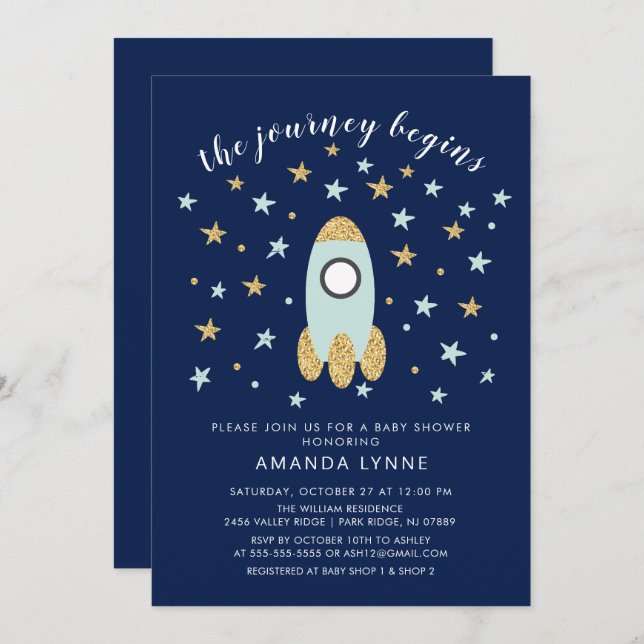 Journey beginnt Rocket Boys Baby Shower Einladung (Vorne/Hinten)