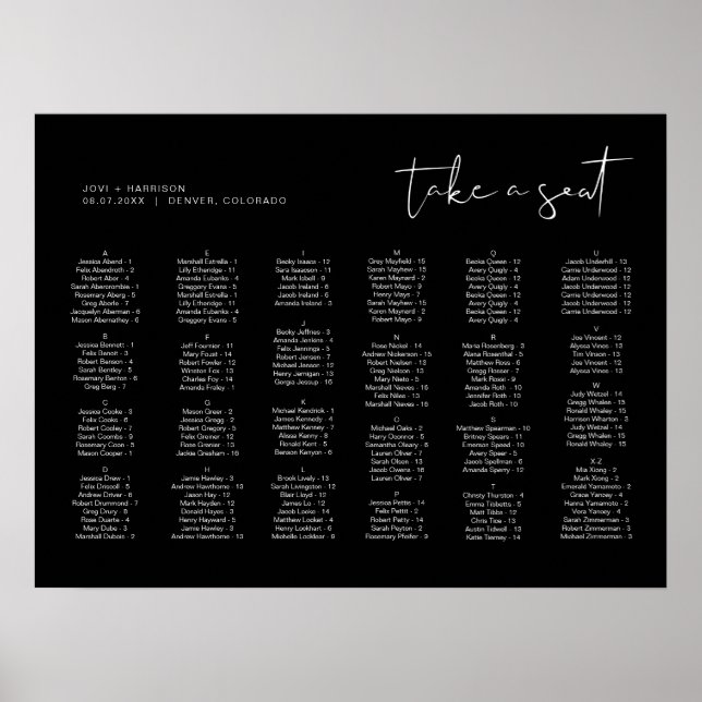JOVI Black Alphabetical Wedding Seating Chart Poster (Vorne)