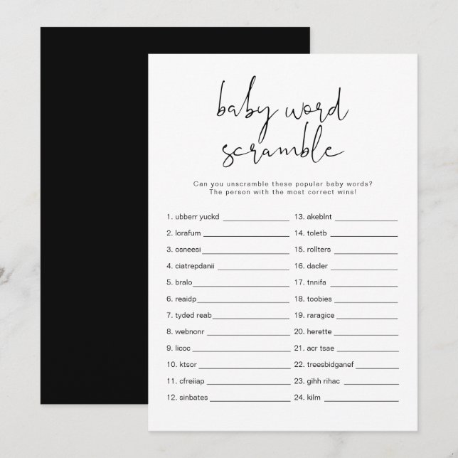 JOVI Black Modern Baby Word Scramble Game Invitati Einladung (Vorne/Hinten)