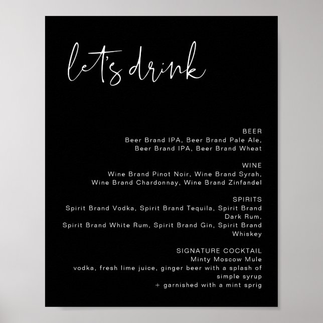 JOVI Edgy Black Modern Let's Drink Bar Menu-Zeiche Poster (Vorne)