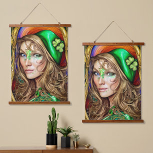 Jovial Jade Woman St. Patrick's Day Artwork Wandteppich Mit Holzrahmen