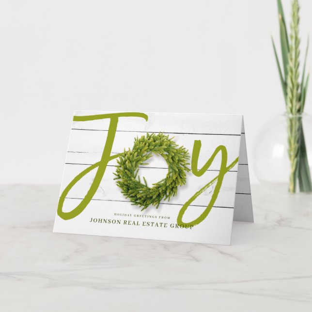 Joy and Foliage Wreath on Wood | Holiday Greetings Karte (Vorderseite)