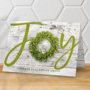 Joy and Pine on White Wood   Holiday Greetings Karte
