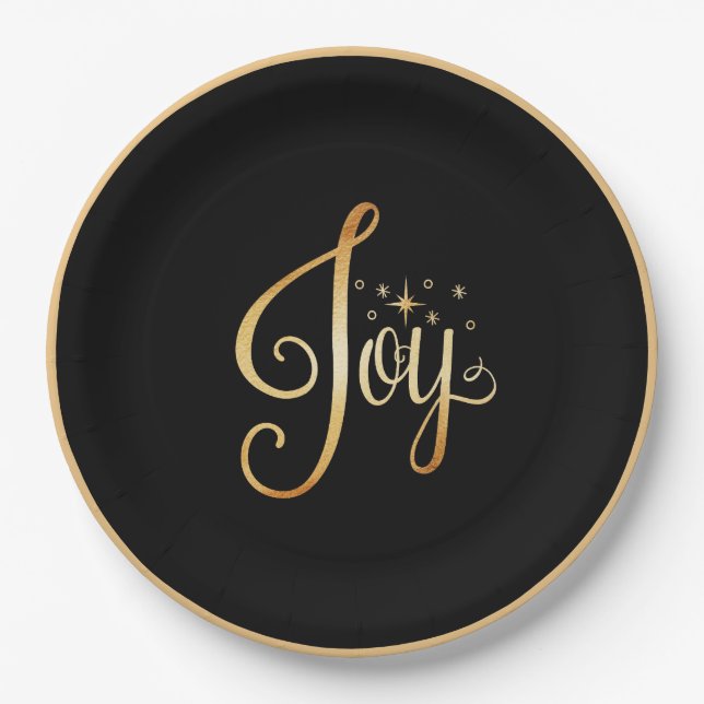 "Joy" Black Gold Script Eleganter Urlaub Pappteller (Vorderseite)