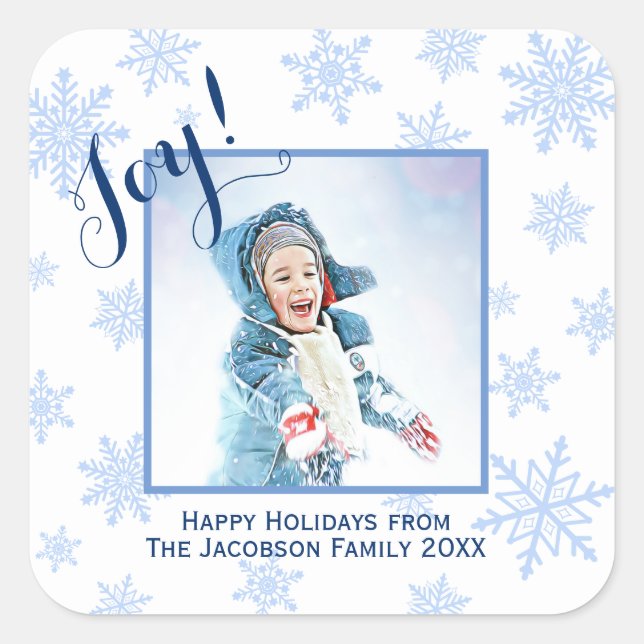 Joy! Blaue Schneeflocken Happy Holidays Foto Quadratischer Aufkleber (Vorderseite)