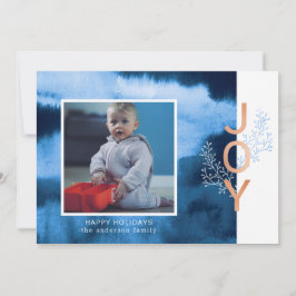 Joy | Blue Watercolor Wash Holiday Foto Card Feiertagskarte