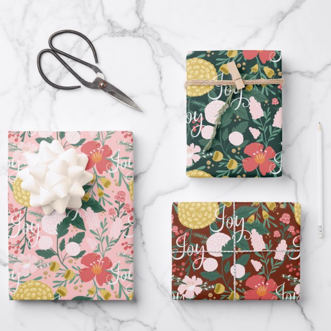 Joy Botanical Floral Festival Garden Muster Pink Geschenkpapier Set (Vorderseite)