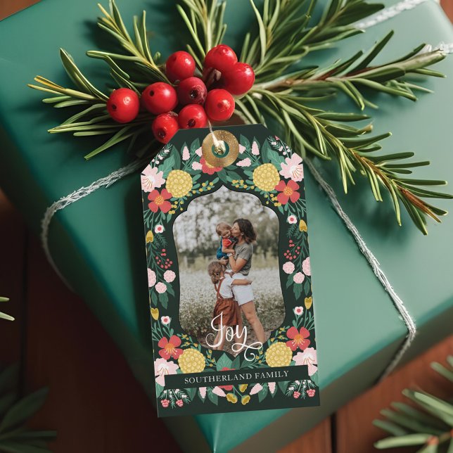 Joy Botanical Floral Festive Garden Muster Foto Geschenkanhänger (Joy Botanical Floral Festive Garden Pattern Photo Gift Tags)