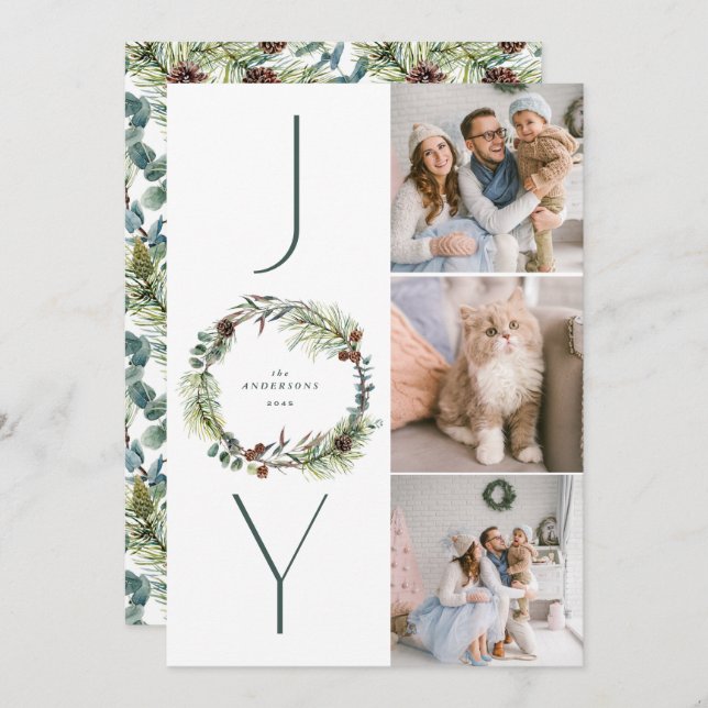 JOY Botanical Pine Wreath Foto Collage Weihnachten (Vorne/Hinten)