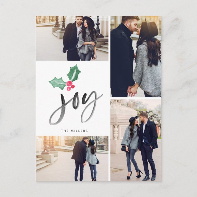 Joy Brush Script Holiday | 4-Foto-Weihnachten Ankündigungspostkarte (Vorderseite)