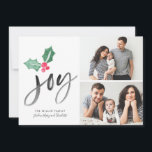 Joy Brush Script Holiday | Weihnachts-2-Foto-Karte<br><div class="desc">Diese Holiday Foto Collage Card ist einfach stilvoll und macht mit ihrer Einfachheit und Stimmung eine kühne Aussage. Das Design ist minimalistisch und künstlerisch mit Freude in der Pinselschrift eingeschrieben und zeigt unser exklusiv handgemaltes Wasserfarbenholz- und Aquarellpinsel-Muster auf der Rückseite. Mit dieser einfach stilvollen Urlaubskarte können Sie sich in diesem...</div>