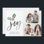 Joy Brush Script Holiday | Weihnachts-2-Foto-Karte<br><div class="desc">Diese Holiday Foto Collage Card ist einfach stilvoll und macht mit ihrer Einfachheit und Stimmung eine kühne Aussage. Das Design ist minimalistisch und künstlerisch mit Freude in der Pinselschrift eingeschrieben und zeigt unser exklusiv handgemaltes Wasserfarbenholz- und Aquarellpinsel-Muster auf der Rückseite. Mit dieser einfach stilvollen Urlaubskarte können Sie sich in diesem...</div>