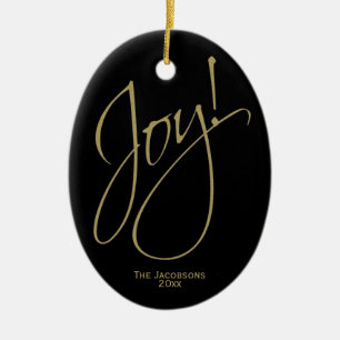 Joy! Chic Minimal Black & Gold Weihnachts-Foto Keramik Ornament