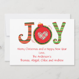 Joy Christmas Card, Red Green Gold Personalize