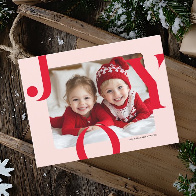 JOY Christmas Foto | Moderne Rot-Rosa-Familie Postkarte (Von Creator hochgeladen)