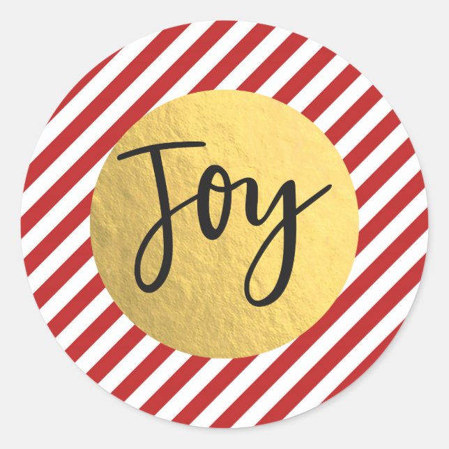 JOY Christmas Holiday Red White Stripes Gold Foil Runder Aufkleber (Vorderseite)