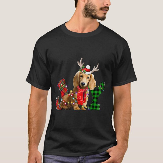 Joy Christmas Lights Long Haired Dachshund Dog San T-Shirt (Vorderseite)
