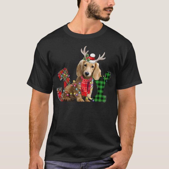 Joy Christmas Lights Long Haired Dachshund Dog San T-Shirt (Vorderseite)
