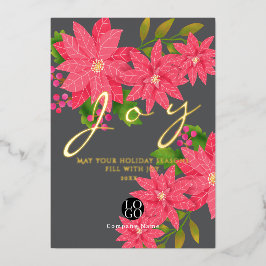 Joy Christmas Poinsettia Business Logo Grey Folien Feiertagskarte