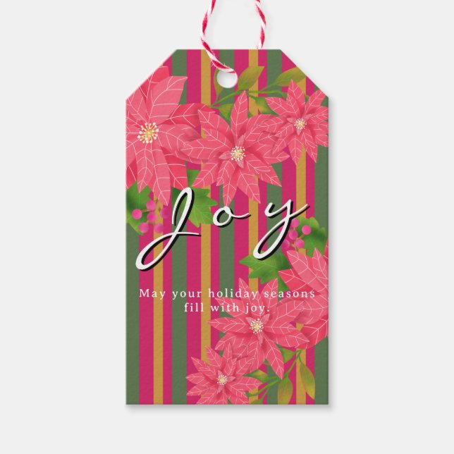 Joy Christmas Poinsettia Stripe Business Logo Gift Geschenkanhänger (Vorderseite)