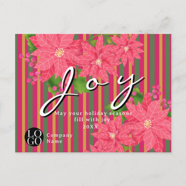 Joy Christmas Poinsettia Stripe Business Logo Gift Postkarte (Vorderseite)