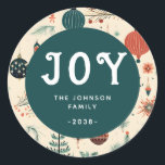 JOY! Christmas Runder Aufkleber<br><div class="desc">Kundenspezifisches "JOY" Sticker,  klassisches,  Weihnachtsmuster Design.</div>