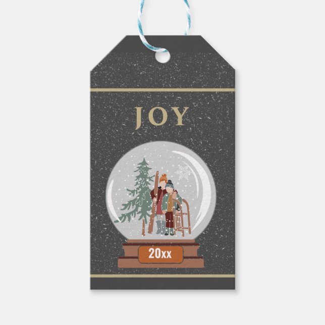 JOY Christmas Snow Globe mit Skier und Slednet Geschenkanhänger (Vorderseite)