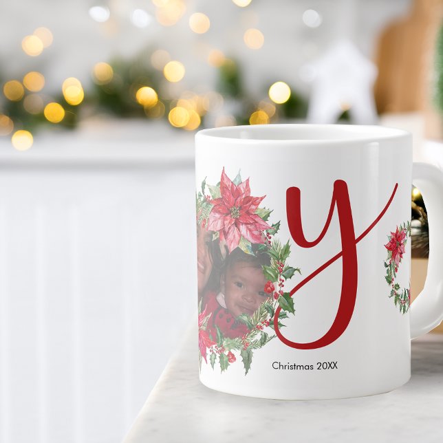 JOY Christmas Wreath Foto Jumbo-Tasse (JOY Christmas Wreath Photo Large Coffee Mug)