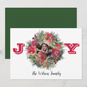 JOY Christmas Wreath Red Custom Foto Holiday Feiertagskarte