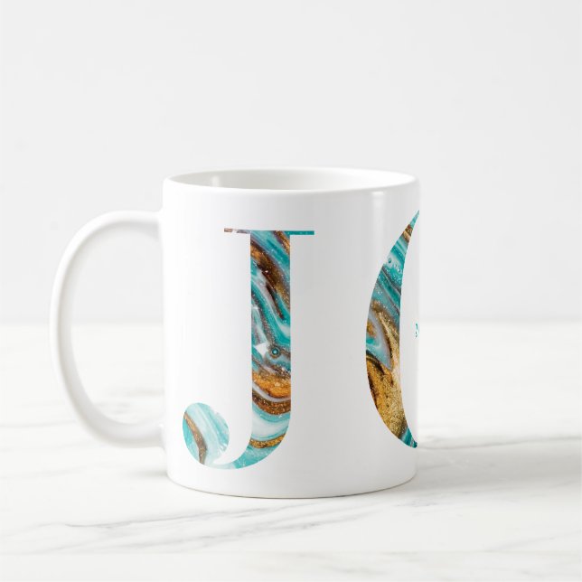 Joy Colorful Aquamarin & Gold Marble Typografie Kaffeetasse (Links)
