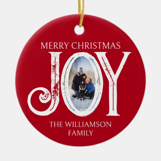 Joy Custom Familienname Foto Weihnachtsfeiertag Keramik Ornament (Vorne)