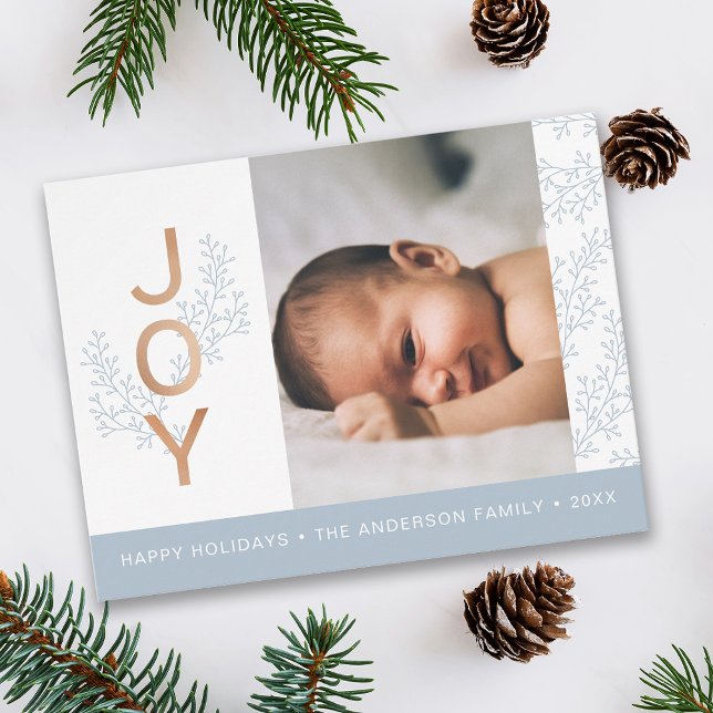 JOY | Elegante Foliage Baby Foto Holiday Postkarte (Von Creator hochgeladen)