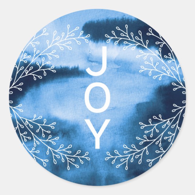 Joy | Eleganter Blue Watercolor Wash Holiday Runder Aufkleber (Vorderseite)