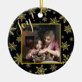 Joy! Elegantes Black & Gold Rund Holiday Foto Keramik Ornament