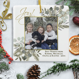 Joy! Elegantes Eukalyptus & Pine Holiday Foto Keramikornament