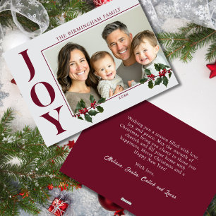 JOY Family Foto Red Flat Holiday Card Feiertagskarte